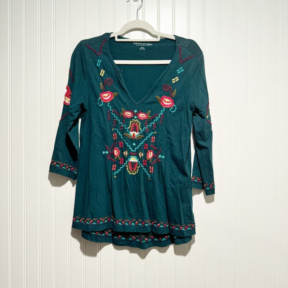 Soft Surroundings Teal Embroidered Top Size XS NEW